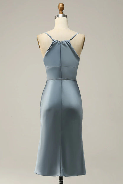 Spaghetti Straps Satin Grey Blue Prom Dress