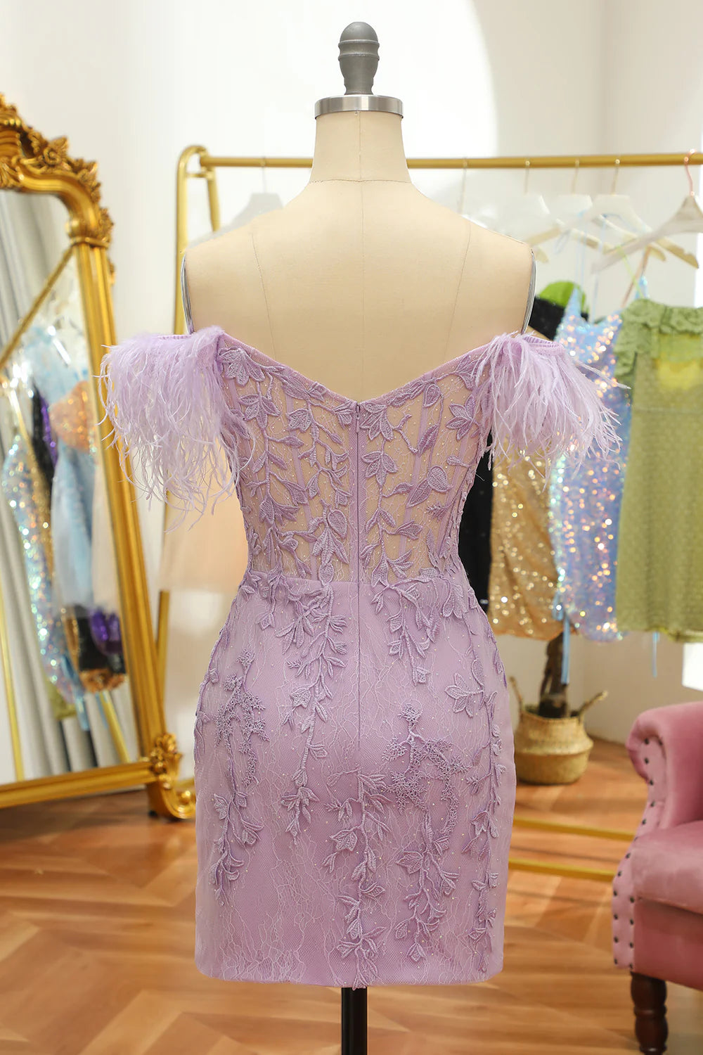 Lavender Off the Shoulder Homecoming Dress with Feathers