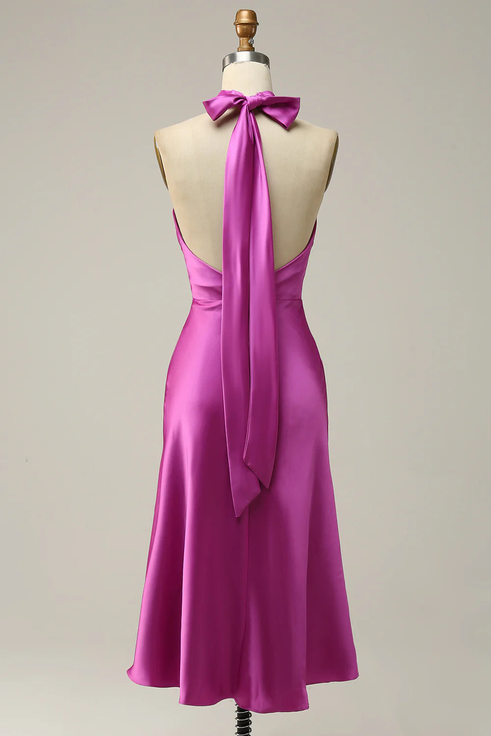 Fuchsia Halter Neck Open Back Midi Prom Dress