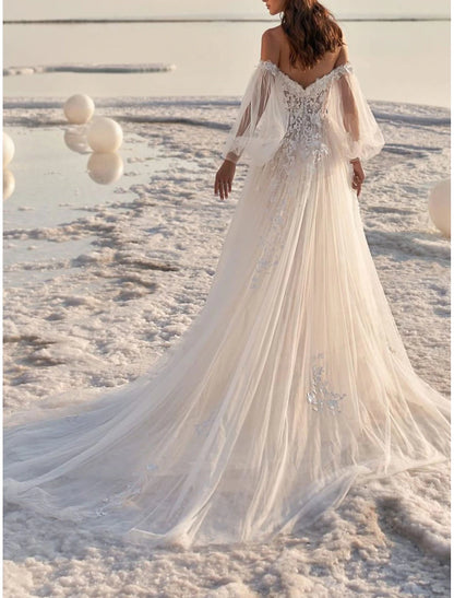 Beach Formal Wedding Dresses A-Line Off Shoulder Long Sleeve Court Train Lace Bridal Gowns With Appliques