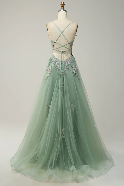 Green Spaghetti Straps Appliques Tulle Prom Dress