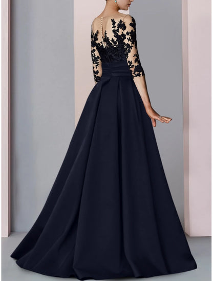 A-Line Evening Gown High Split Dress Formal Fall Sweep / Brush Train Half Sleeve Illusion Neck Satin with Slit Embroidery dress