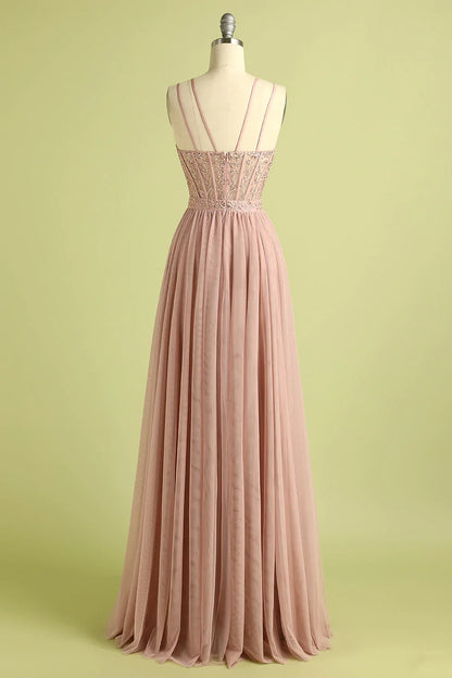 Pink Spaghetti Straps Prom Dress With Split Front