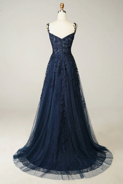 A Line Spaghetti Straps Navy Prom Dress With Appliques