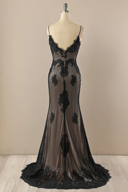 Black V Neck Beaded Prom Dress