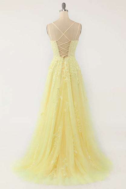 Yellow Spaghetti Straps Prom Dress With Appliques