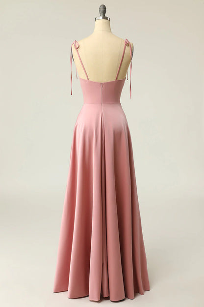 Blush Spaghetti Straps Long Prom Dress With Bowknot