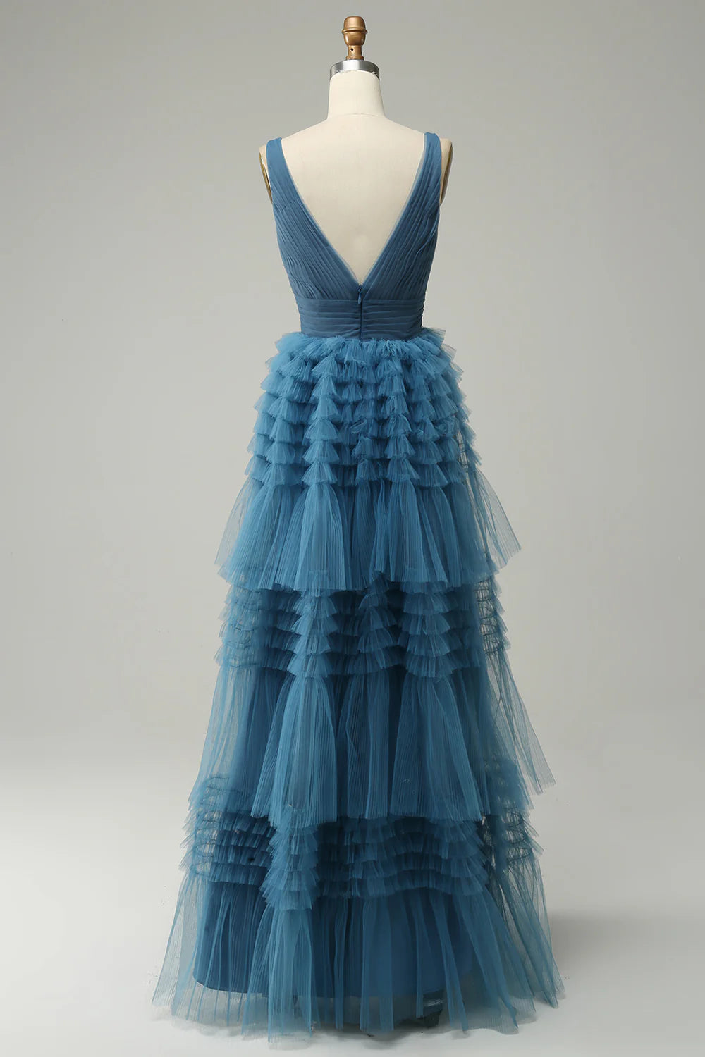 A Line V-Neck Blue Tiered Prom Dress