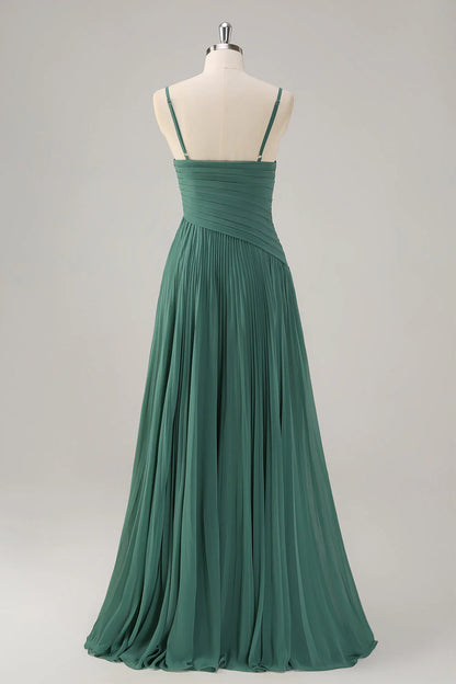 Eucalyptus A-Line Spaghetti Straps Pleated Chiffon Bridesmaid Dress With Slit