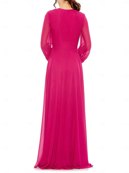 A-Line Floor Length Long Sleeve V Neck Wedding Guest Dresses Chiffon with Pleat