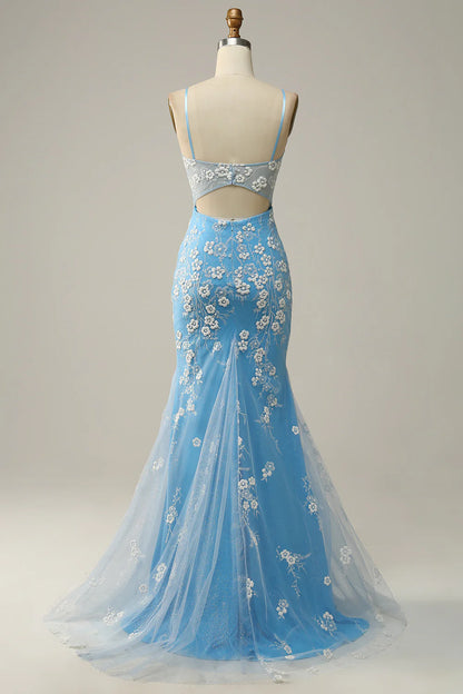 Blue Open Back Mermaid Lace Prom Dress With Slit