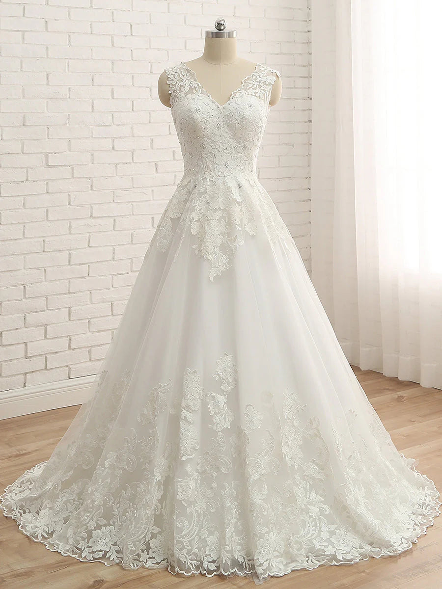 A-Line/Princess V-Neck Sleeveless Applique Tulle Floor-Length Wedding Dresses