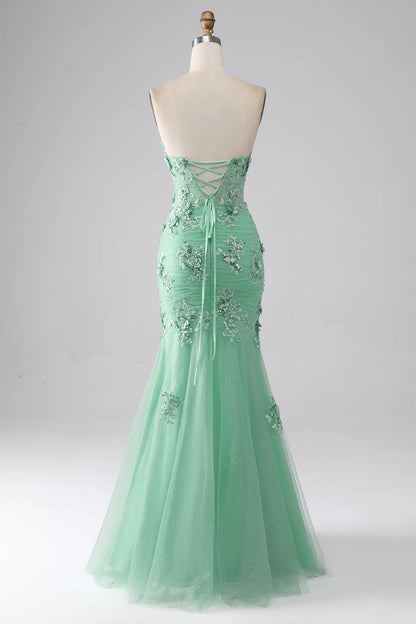 Green Mermaid Strapless Tulle Long Prom Dress With Appliques