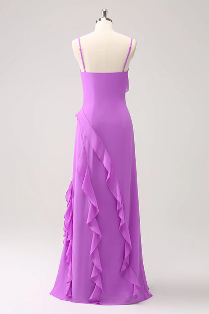 Tahiti Ruffle Spaghetti Straps Chiffon Long Bridesmaid Dress With Slit