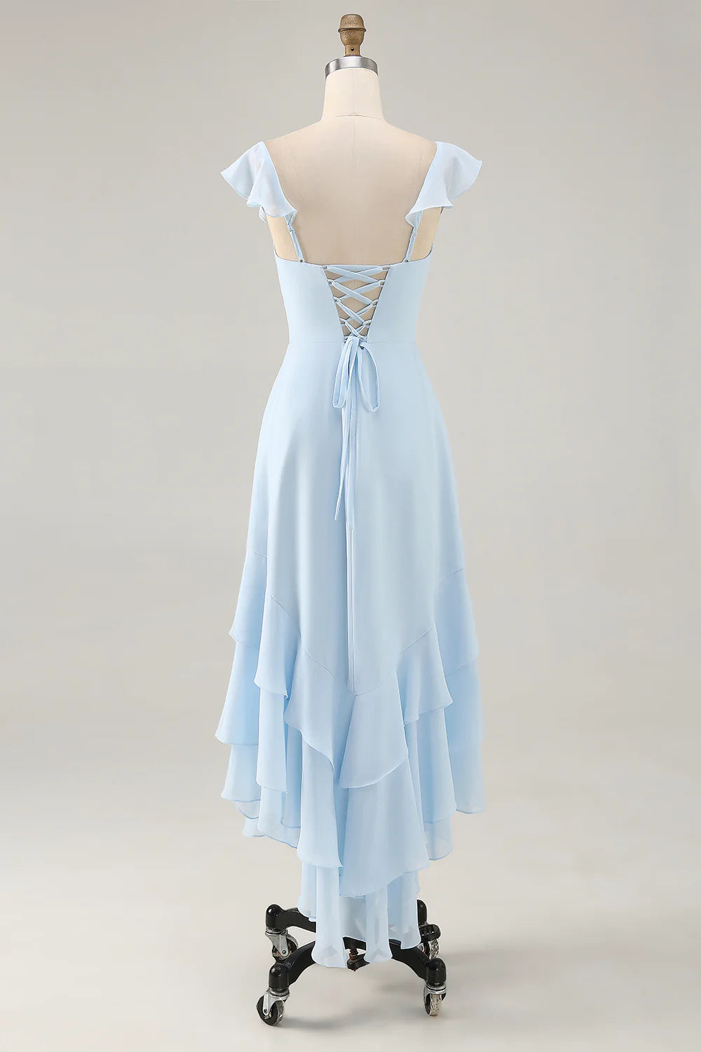 Sky Blue Chiffon Tiered Asymmetrical Bridesmaid Dress with Ruffles