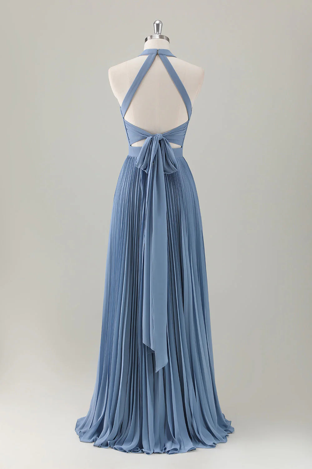 Grey Blue A-Line Halter Long Bridesmaid Dress With Slit