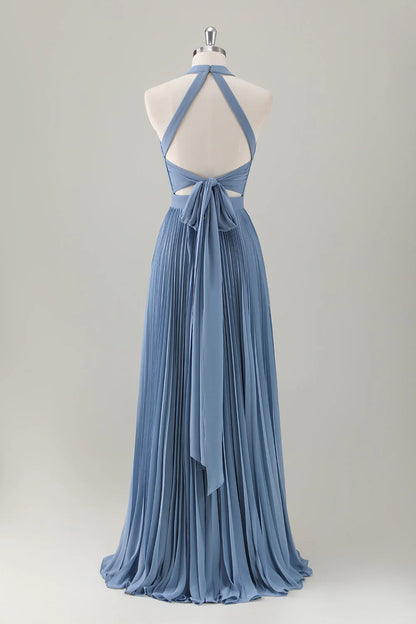 Grey Blue A-Line Halter Long Bridesmaid Dress With Slit