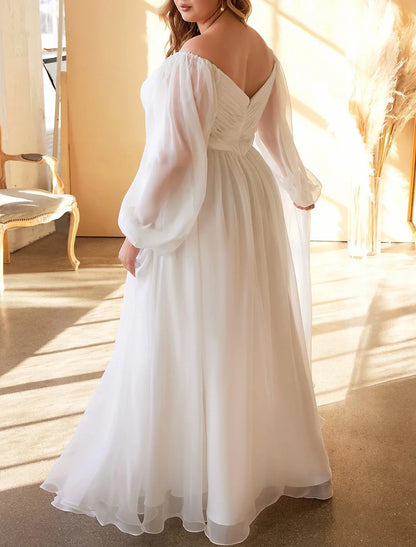 Beach Casual Simple Wedding Dresses A-Line Off Shoulder Long Sleeve Floor Length Chiffon Bridal Gowns With Pleats Solid Color