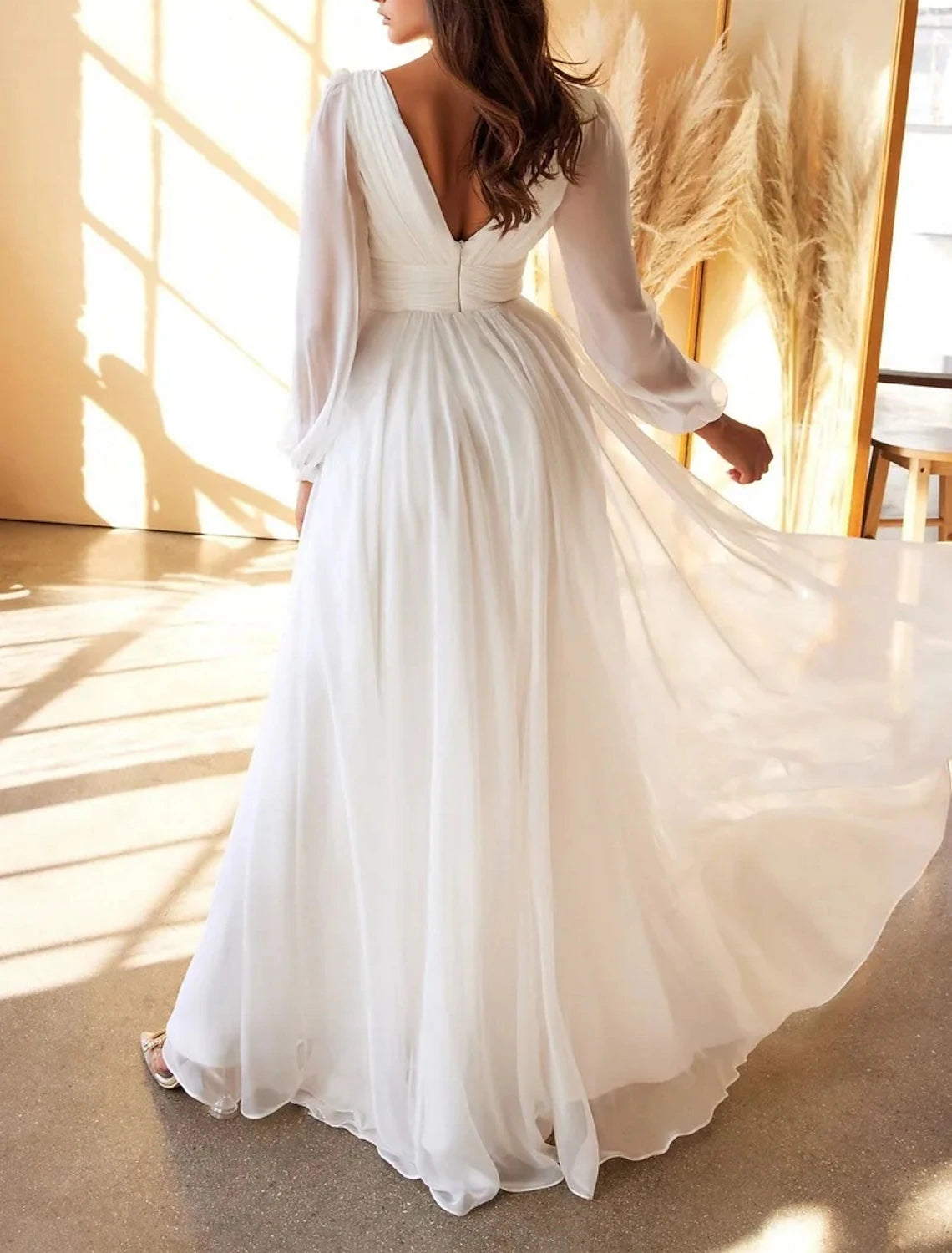 Reception Little White Dresses Simple Wedding Dresses A-Line V Neck Long Sleeve Floor Length Chiffon Bridal Gowns With Ruched