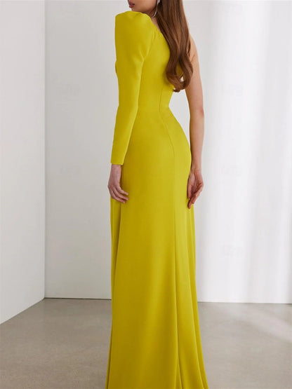 Column Floor Length Long Sleeve One Shoulder Wedding Guest Dresses Stretch Chiffon With Ruched