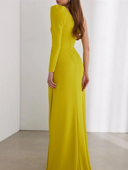 Column Floor Length Long Sleeve One Shoulder Wedding Guest Dresses Stretch Chiffon With Ruched