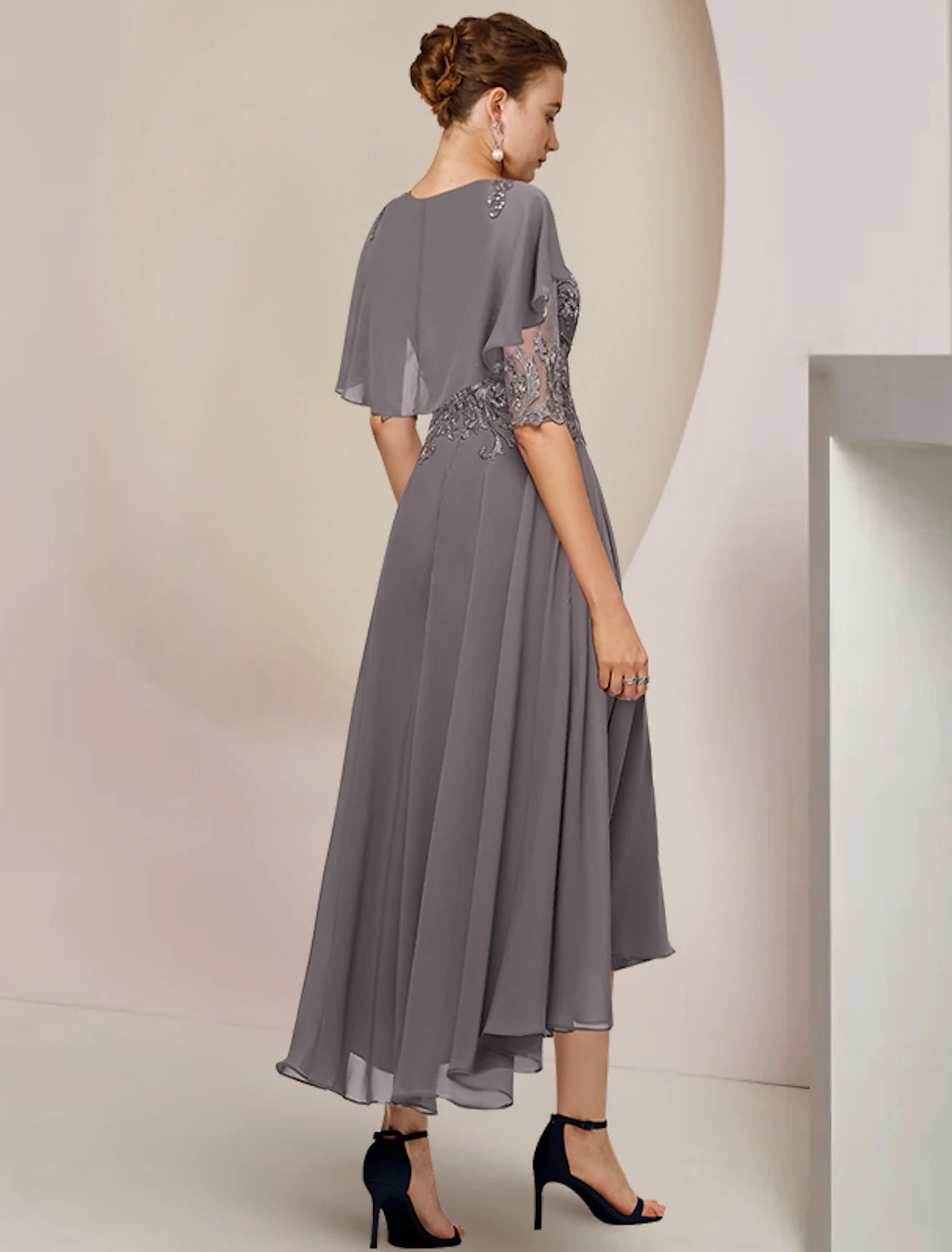 A-Line Mother of the Bride Dress Formal Wedding Guest Elegant Scoop Neck Asymmetrical Tea Length Chiffon Lace Half Sleeve with Beading Appliques dress