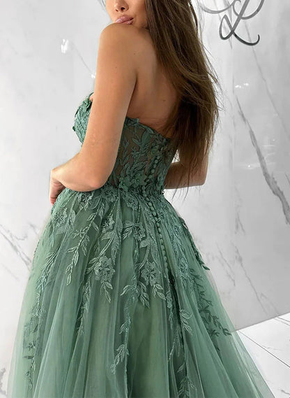 A-line Sweetheart Tulle Formal Prom Dress with Appliques Lace