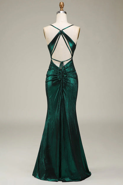 Hot Mermaid Spaghetti Straps Dark Green Long Prom Dress With Open Back