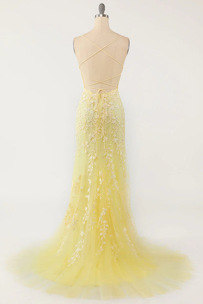 Yellow Mermaid Long Prom Dress With Appliques