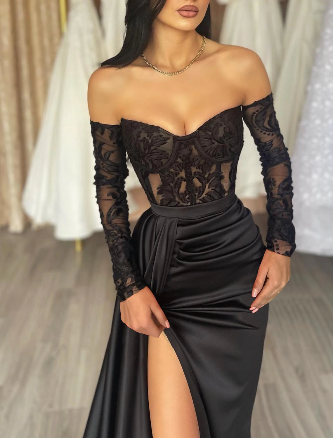 Mermaid Black Dress Evening Gown See Through Dress Formal Masquerade Floor Length Long Sleeve Off Shoulder Fall Wedding Reception Satin with Appliques dress