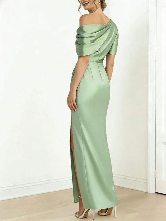 Sheath/Column One-Shoulder Silk Satin Mother of the Bride Dresses Split Side Ankle-Length Short Sleeves Ruched