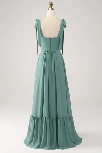 A Line Chiffon Green Long Bridesmaid Dress With Pleated