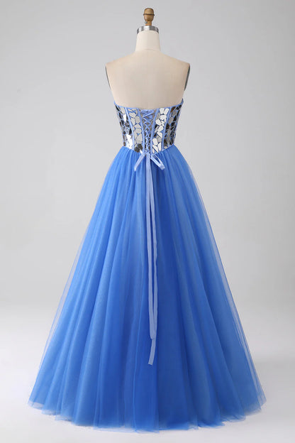 A-Line Sweetheart Mirror Royal Blue Prom Dress