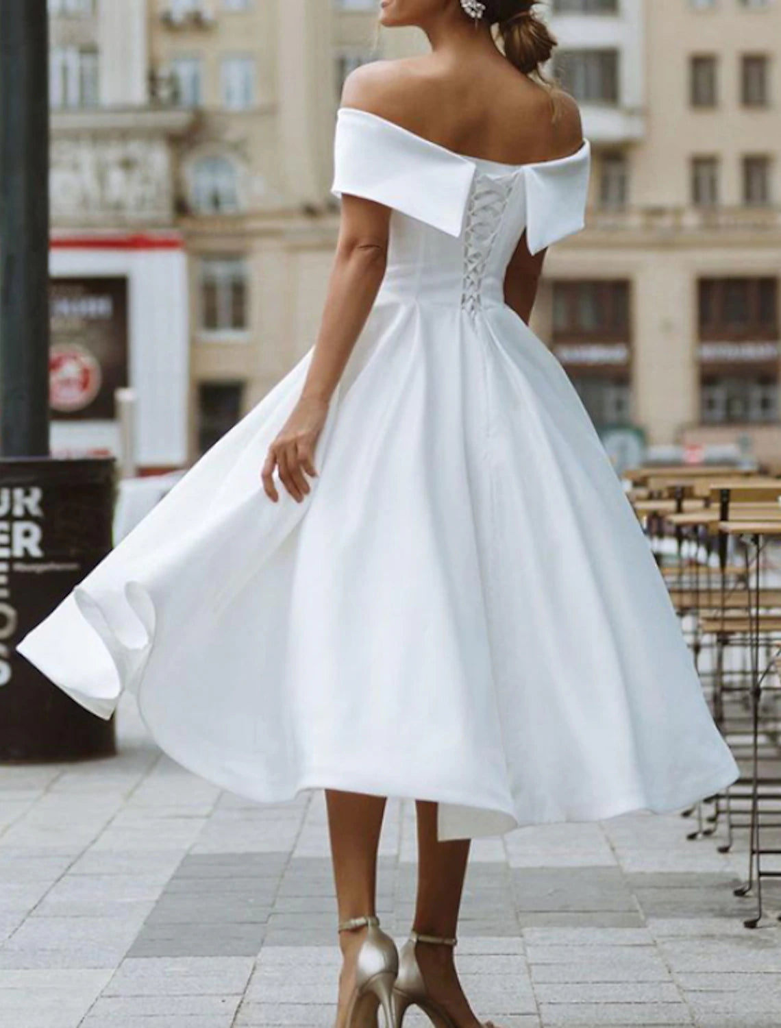 Reception Vintage Little White Dresses Wedding Dresses A-Line Off Shoulder Cap Sleeve Tea Length Satin Bridal Gowns With Pleats