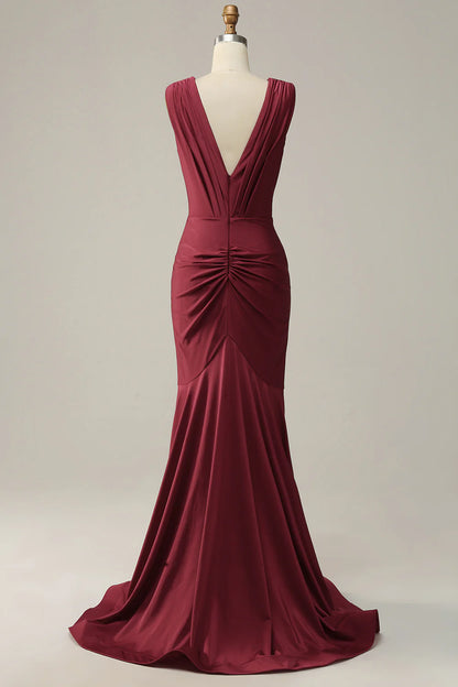 Burgundy Deep V Neck Ruched Prom Dress