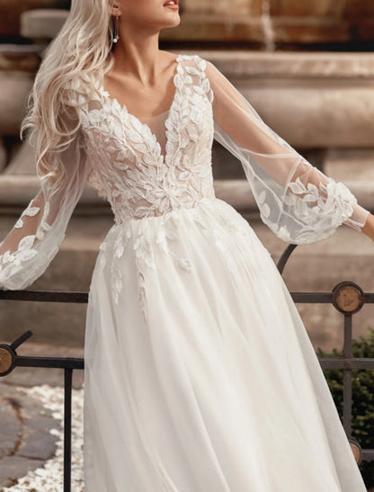 Wedding Dresses A-Line V Neck Long Sleeve Court Train Lace Bridal Gowns With Appliques Solid Color