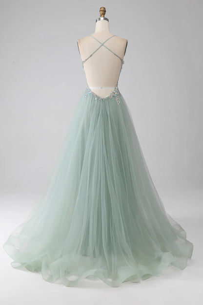 A-Line Beaded Light Green Prom Dress With Slit