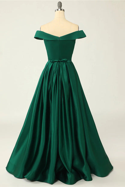 Green Off The Shoulder Satin A-Line Prom Dress With Buttons