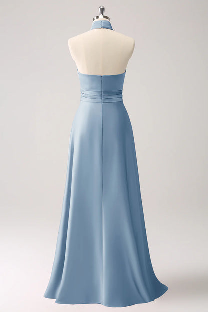 Dusty Blue Keyhole A-Line Satin Bridesmaid Dress With Slit