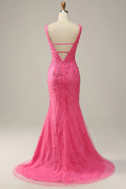 Mermaid Pink Deep V Neck Long Prom Dress With Appliques