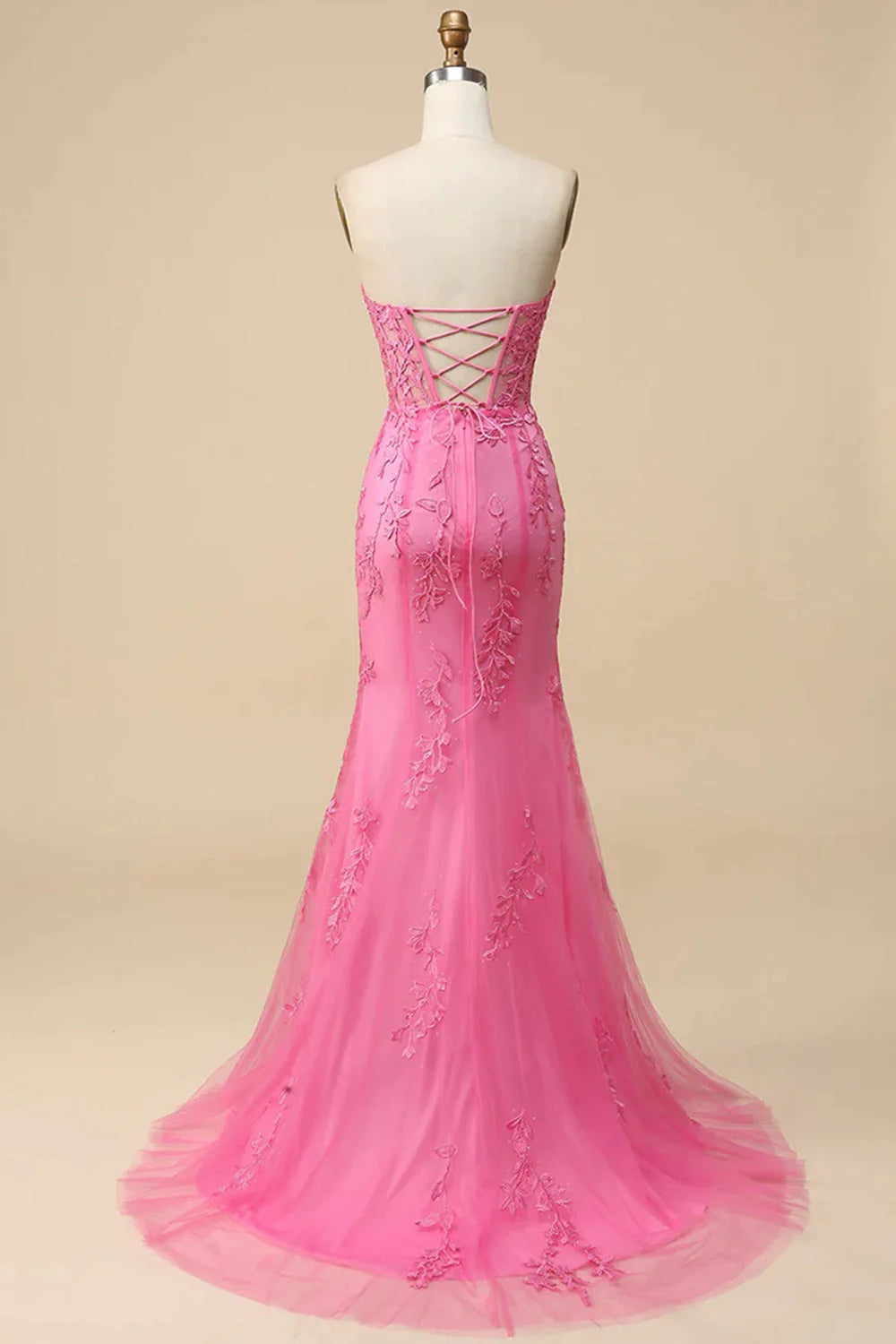 Pink Corset Sweetheart Long Lace Mermaid Prom Dress with Slit