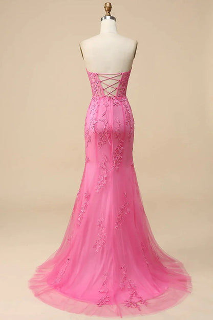 Pink Corset Sweetheart Long Lace Mermaid Prom Dress with Slit