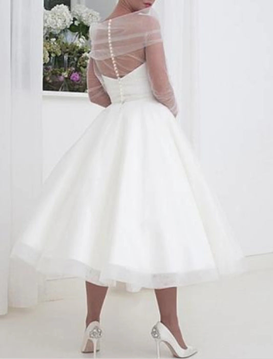 Reception Vintage 1940s / 1950s Little White Dress Bridal Shower Dresses Wedding Dresses A-Line Off Shoulder Long Sleeve Tea Length Tulle Bridal Gowns With Pleats