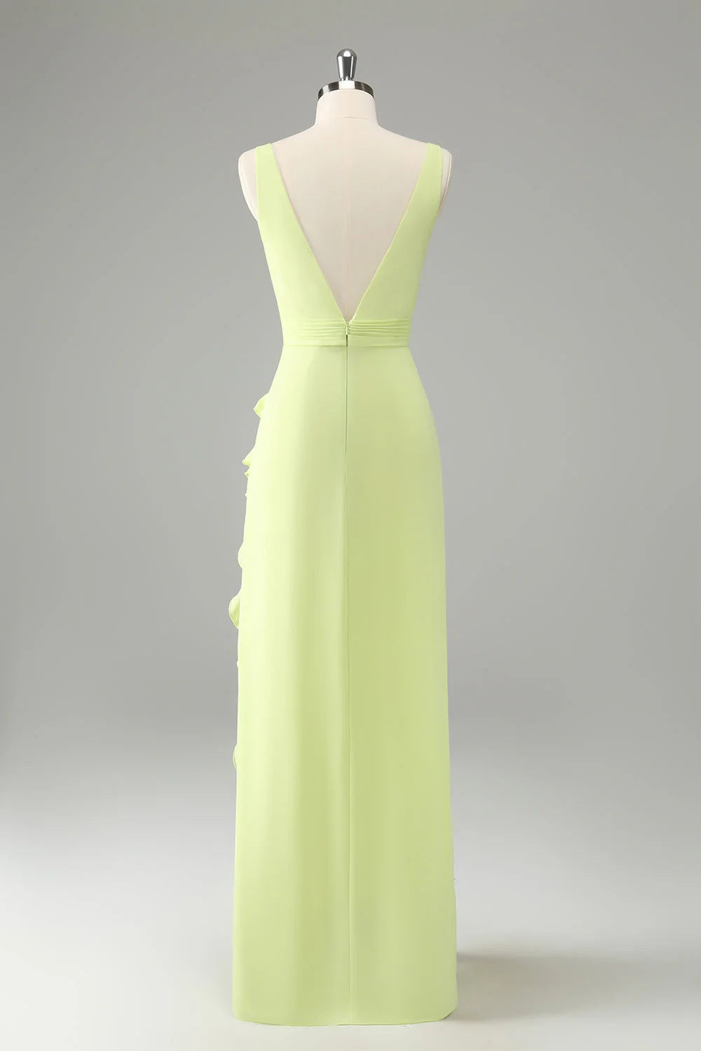 Lime Deep V Neck Ruffles Wedding Guest Dress With Slit