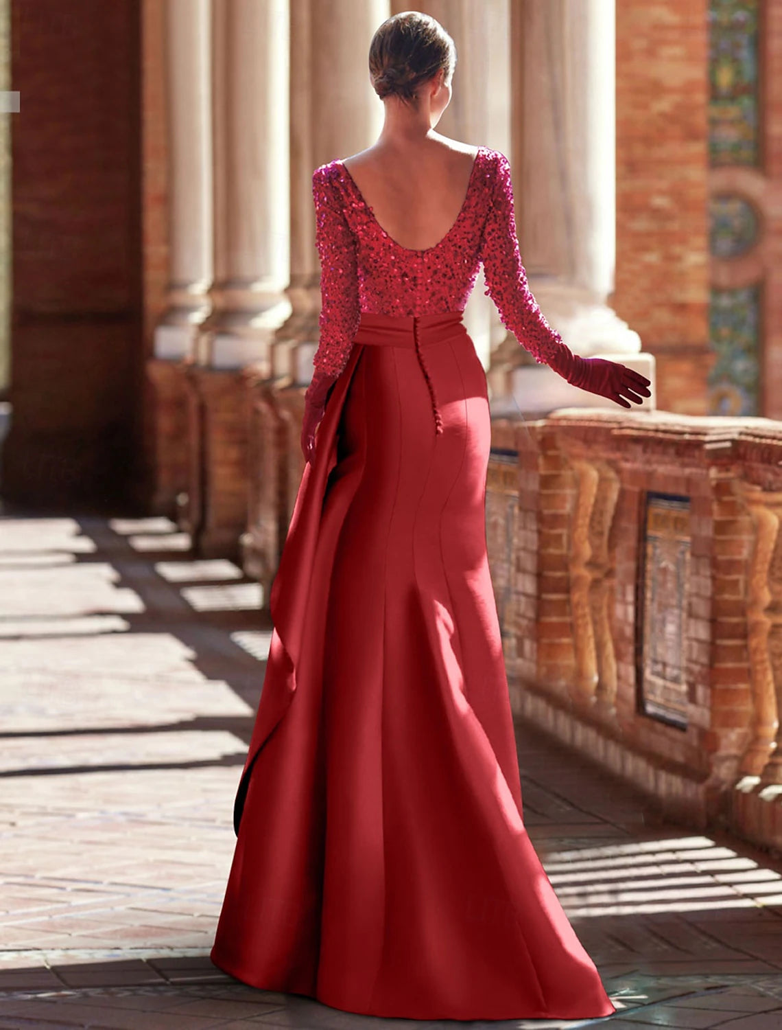 A-Line Evening Gown Elegant Dress Formal Christmas Floor Length Long Sleeve Jewel Neck Satin with Glitter Ruffles