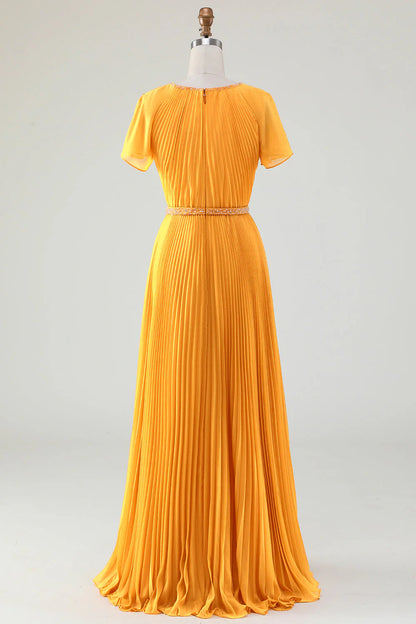 A-Line Round Neck Pleated Yellow Mother Of Bride Dress With Short Sleeves