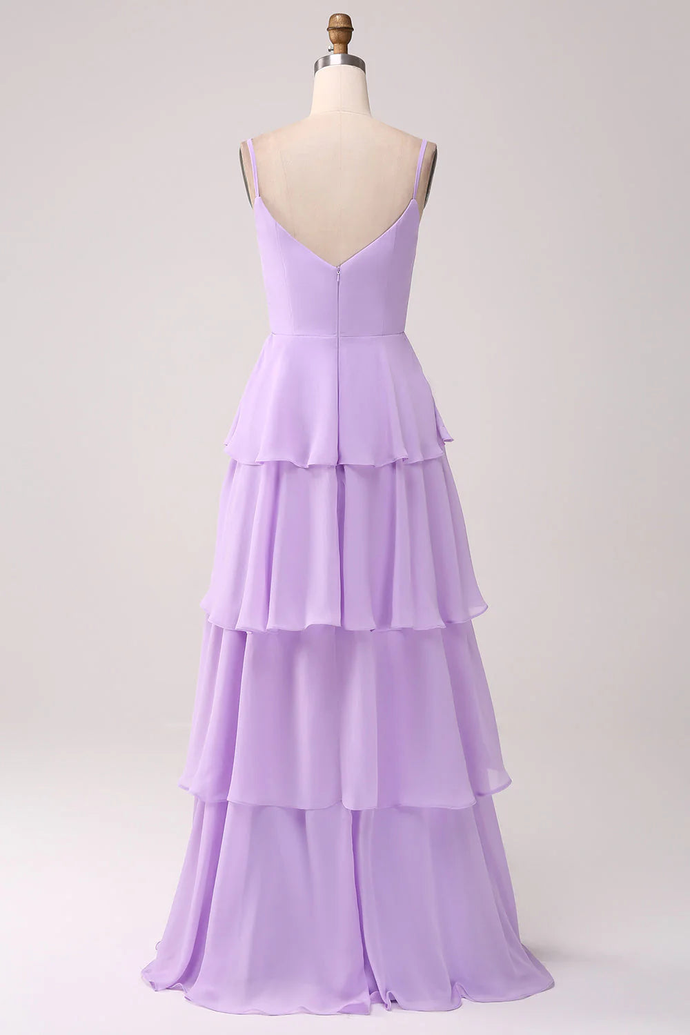 A Line Spaghetti Straps Tiered Chiffon Lilac Bridesmaid Dress With Slit