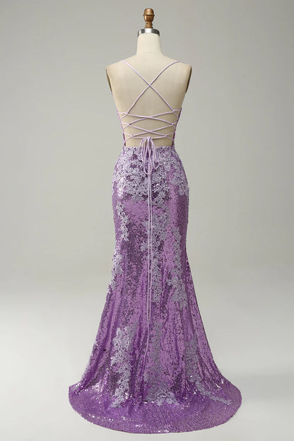 Purple Sequin Mermaid Prom Dress With Appliques