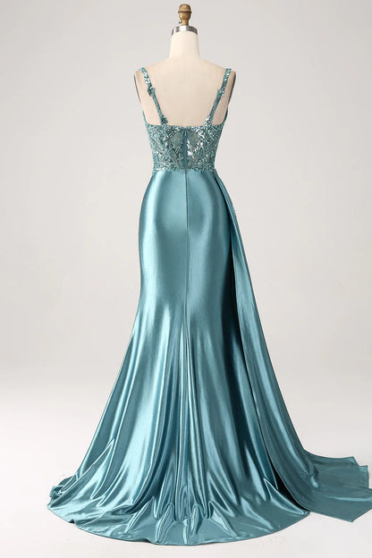 Blue Mermaid V-Neck Satin Long Appliques Sequin Prom Dress With Slit