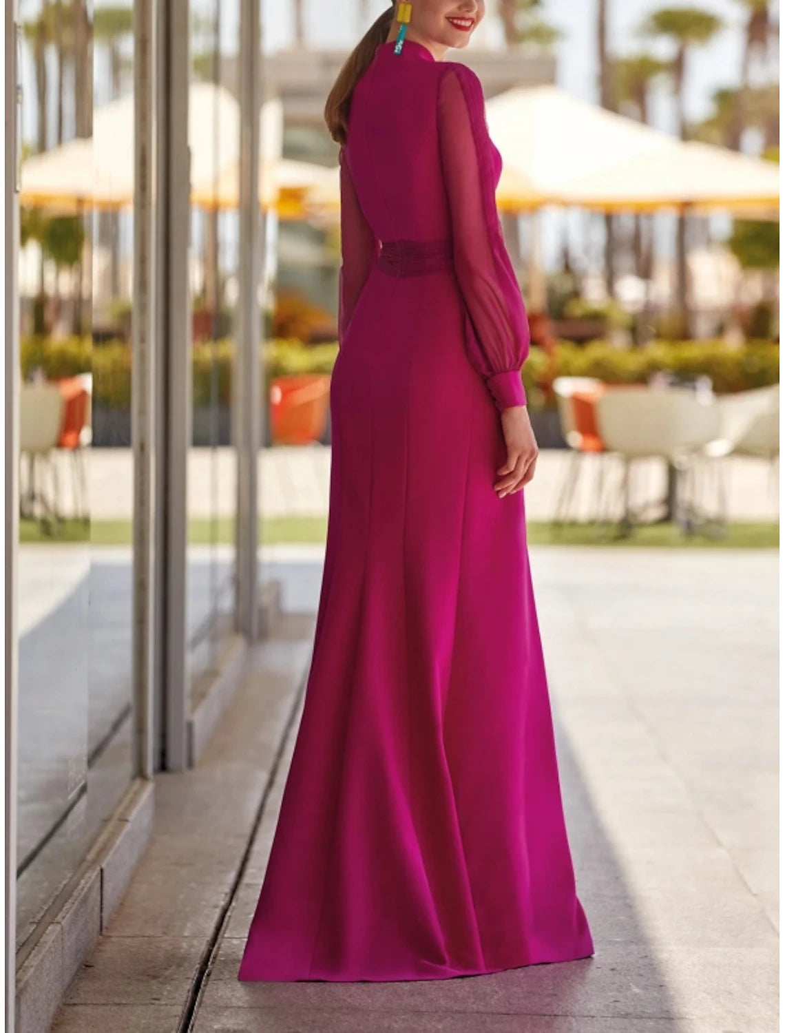 Sheath / Column Evening Gown High Split Dress Formal Wedding Guest Floor Length Long Sleeve V Neck Chiffon with Slit Strappy dress